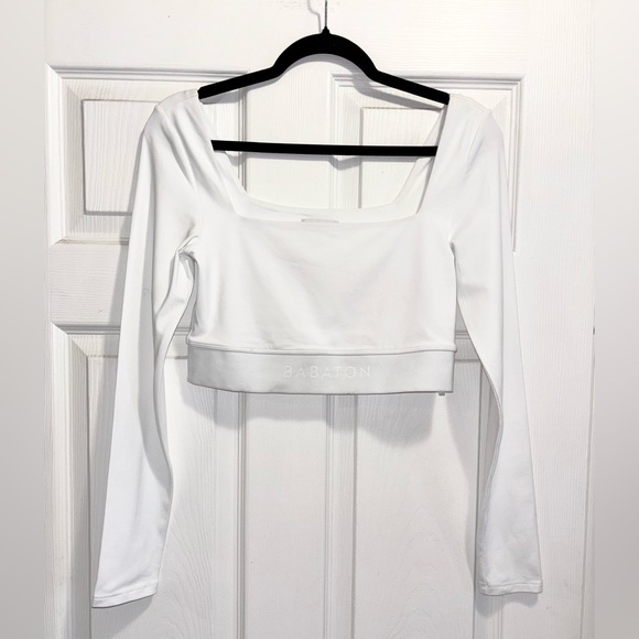 Aritzia BABATON Contour White Sylvia cropped long sleeve square neck top Medium - Picture 2 of 8